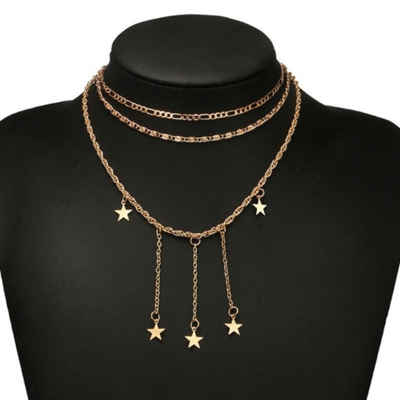 Dangling Star Layered Choker Gold Bib Necklace - Picture 6 of 7